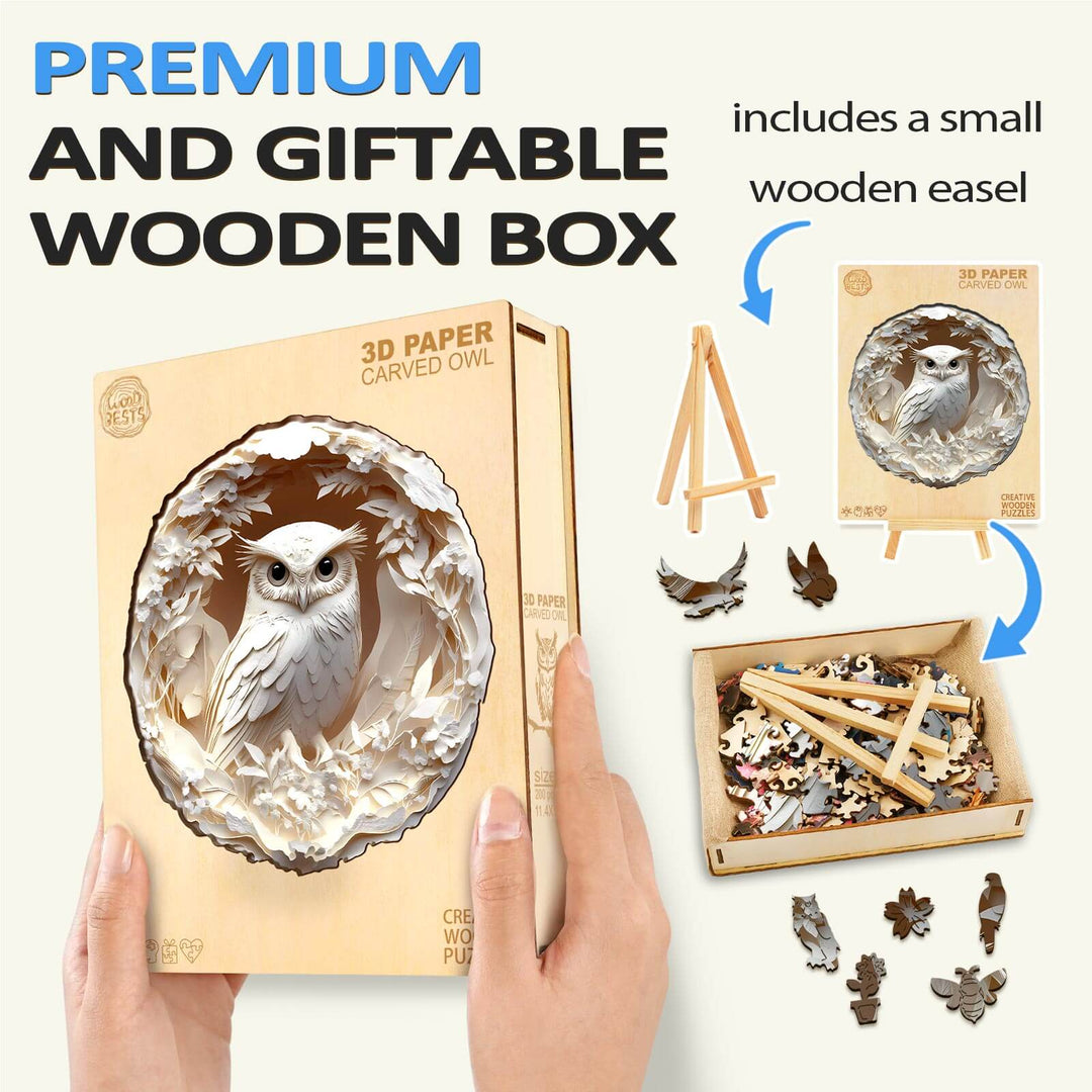 3D Paper Carved Owl puzzle in a premium wooden box with wooden easel, perfect for gifting and enhancing focus.