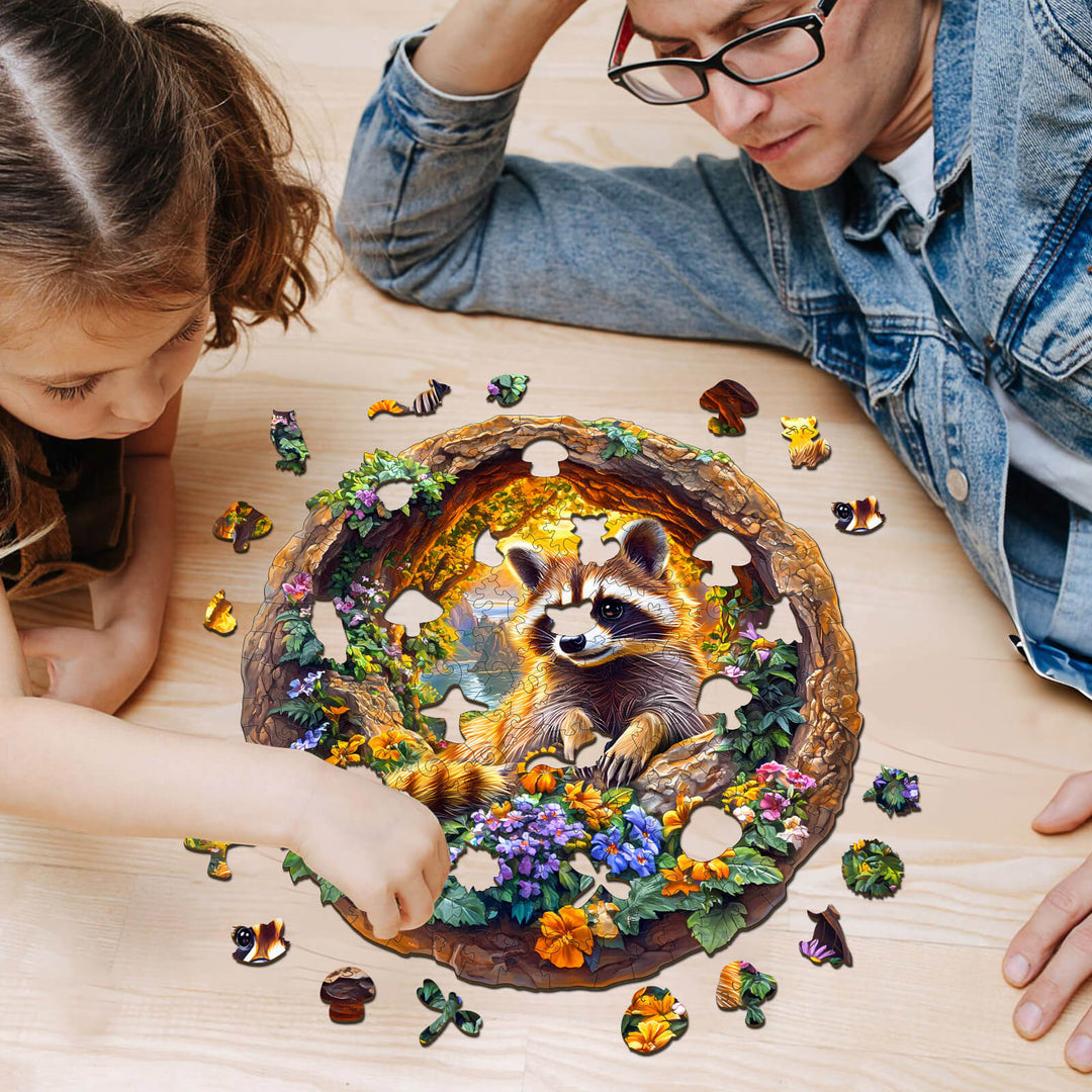 3D Raccoon on Vacation Wooden Jigsaw Puzzle - Woodbests