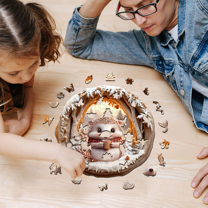 Father and daughter enjoy assembling a 3D Cave Hedgehog wooden jigsaw puzzle together.