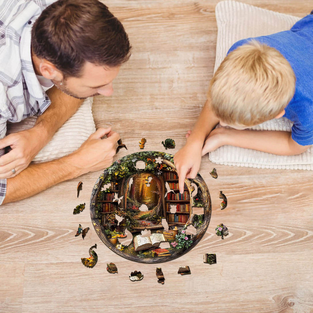 Father and son assembling the Tree House Library wooden jigsaw puzzle, enjoying a creative learning moment.