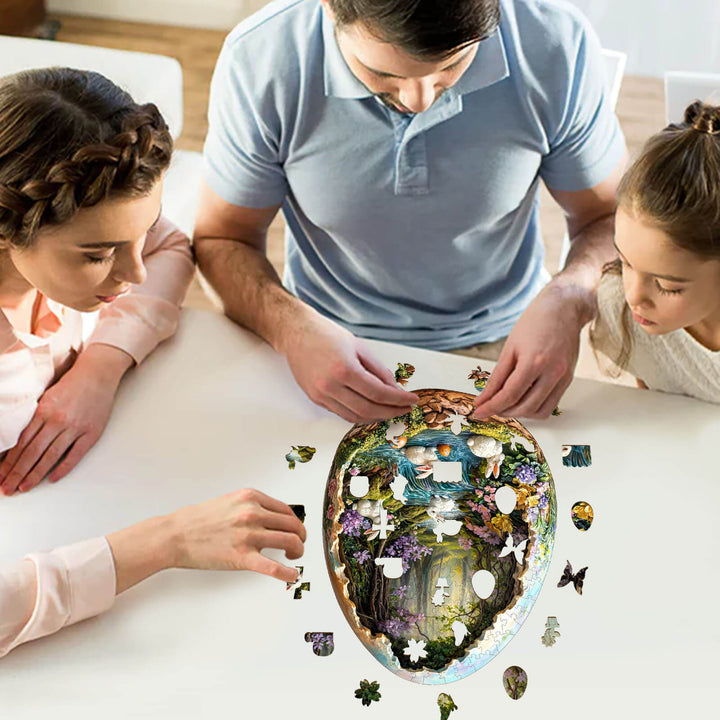 Family enjoying Wonderland Easter-3 wooden jigsaw puzzle together, promoting focus and mental skills through gameplay.