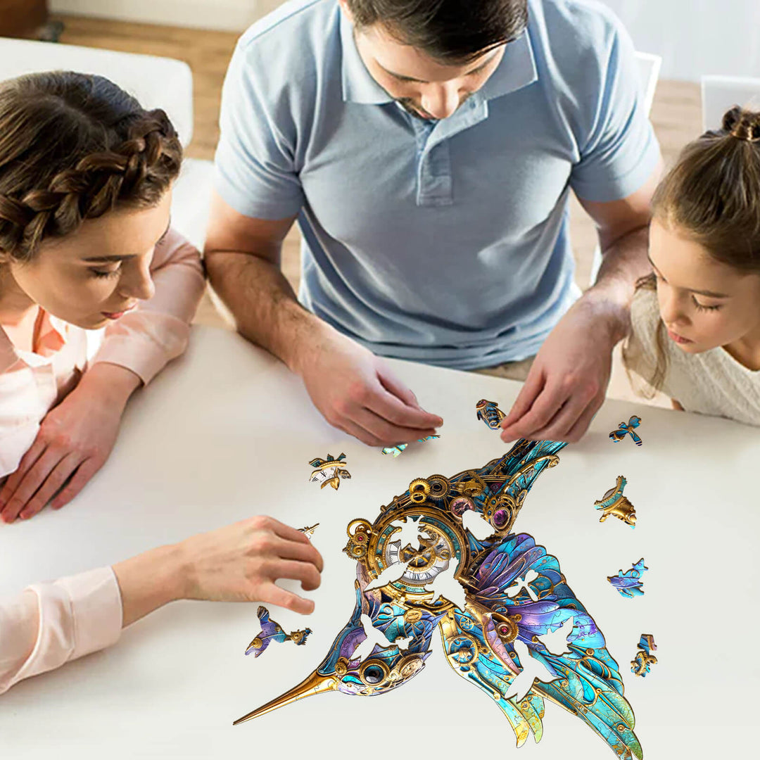 Family enjoying the 3D Mechanical Hummingbird wooden jigsaw puzzle, fostering focus and creativity together.