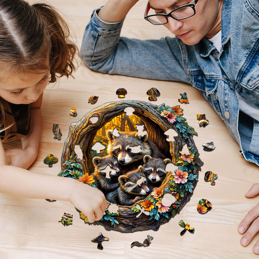 Waschbären-Familie Holzpuzzle