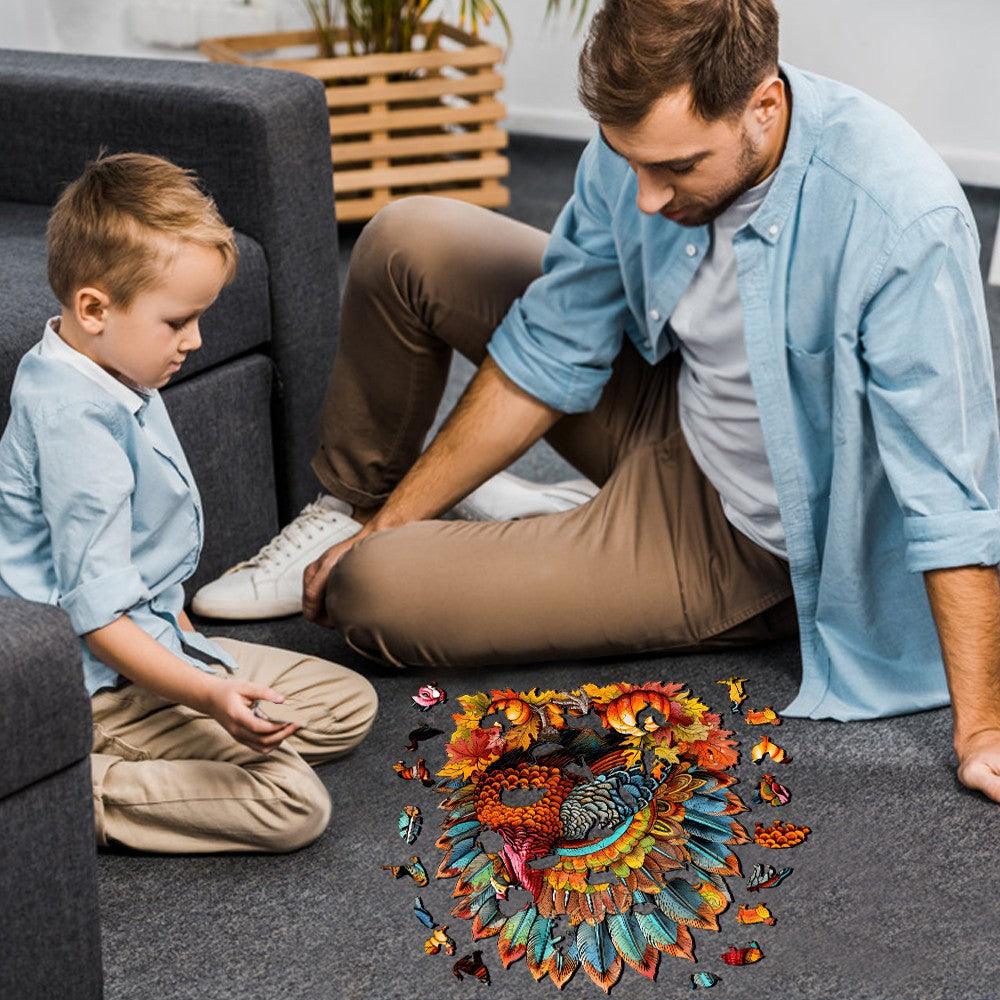 Father and son assembling a colorful turkey wooden jigsaw puzzle on a carpeted floor.