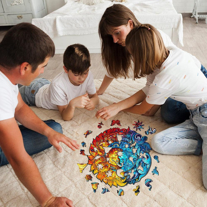 Family enjoying the Sun and Moon wooden jigsaw puzzle on a cozy rug, fostering creativity and togetherness.