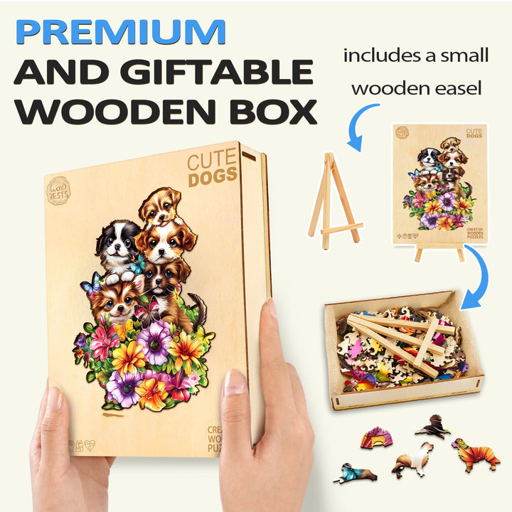 Cute Dogs wooden jigsaw puzzle in a premium gift box with a small wooden easel, perfect for puzzle enthusiasts.