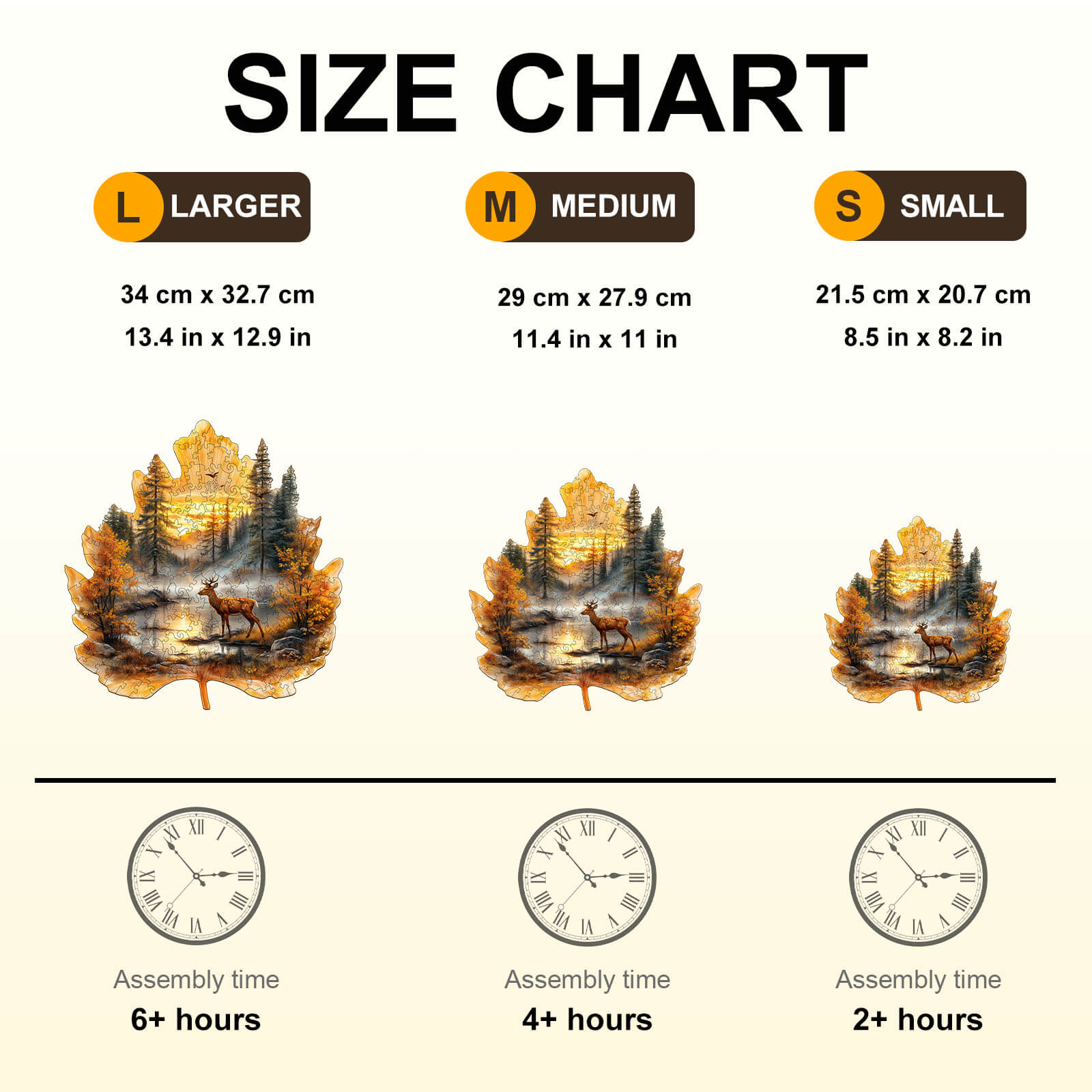 Size chart for Golden Hoofprint Wooden Jigsaw Puzzle: large, medium, and small sizes with assembly times.