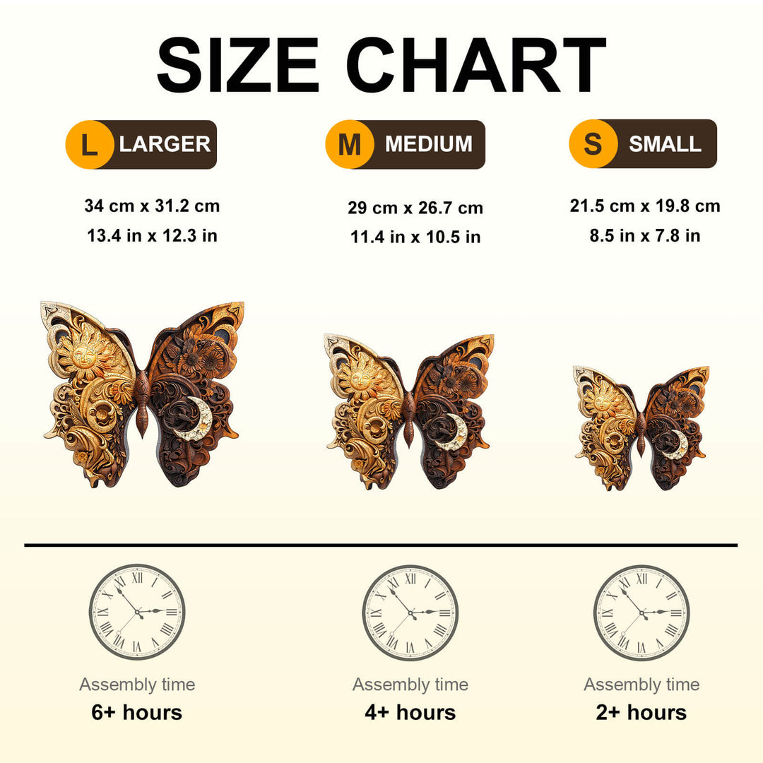 Yin Yang Butterfly wooden jigsaw puzzle size chart with dimensions and assembly times for large, medium, and small options.