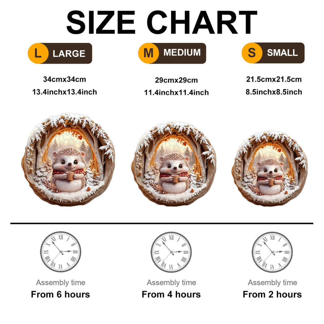 Size chart for 3D Cave Hedgehog Wooden Jigsaw Puzzle showing large, medium, and small options with assembly times.