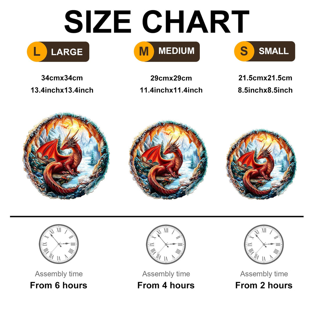 Size chart for 3D Crimson King Wooden Jigsaw Puzzle with assembly times and dimensions for large, medium, and small options.