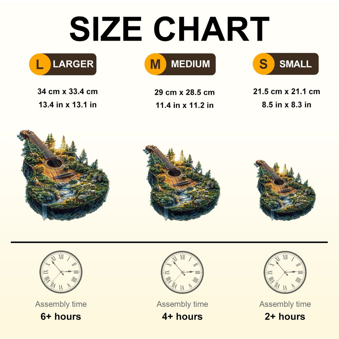 Size chart for Forest guitar wooden jigsaw puzzle with assembly times for large, medium, and small options.