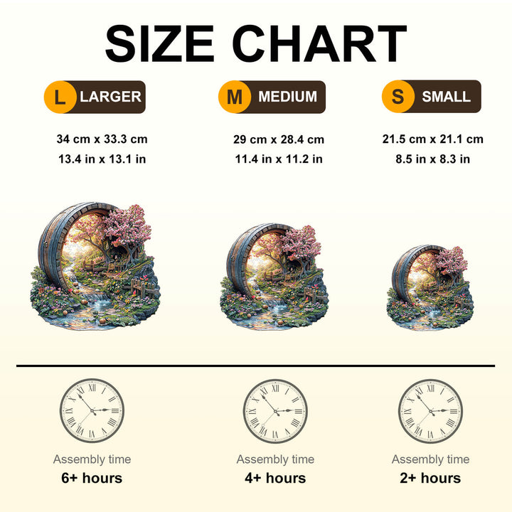 Size chart for Barrel of Spring wooden jigsaw puzzle, detailing dimensions and assembly times for small, medium, and large options.