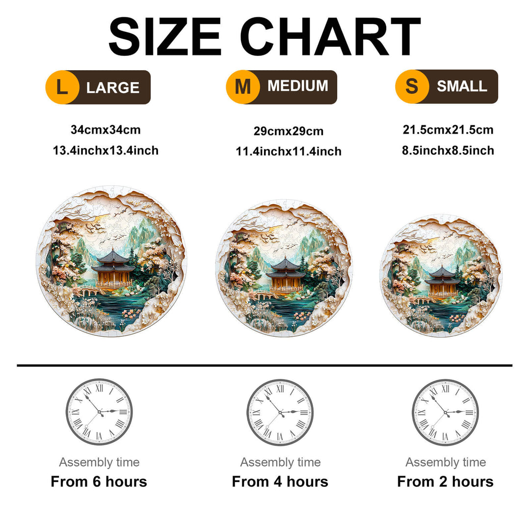 Size chart for 3D Chinese landscape puzzle showing large, medium, and small sizes with assembly times.