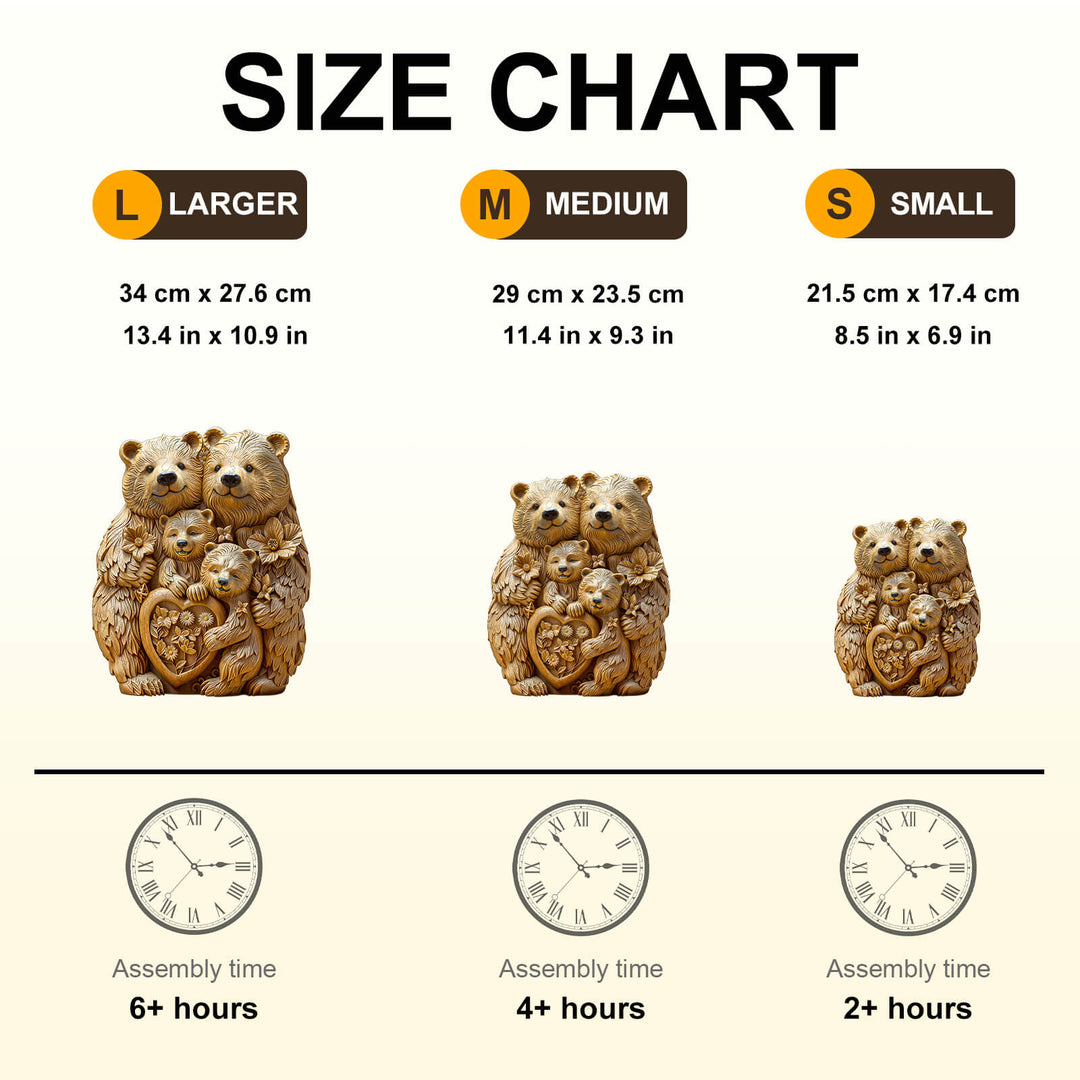 Size chart for Woodcarve bear family wooden jigsaw puzzle, showing dimensions and assembly times for large, medium, and small sizes.