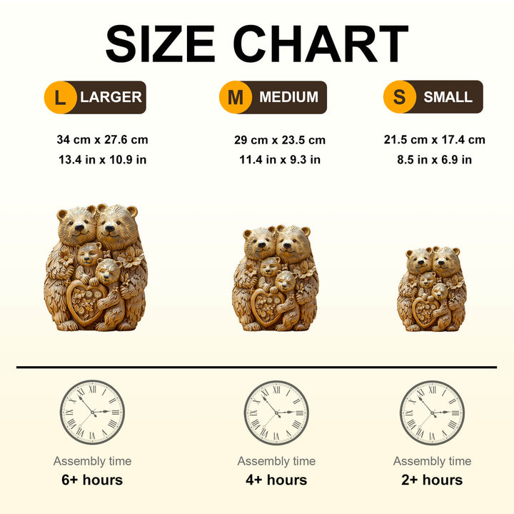 Size chart for Woodcarve bear family wooden jigsaw puzzle, showing dimensions and assembly times for large, medium, and small sizes.