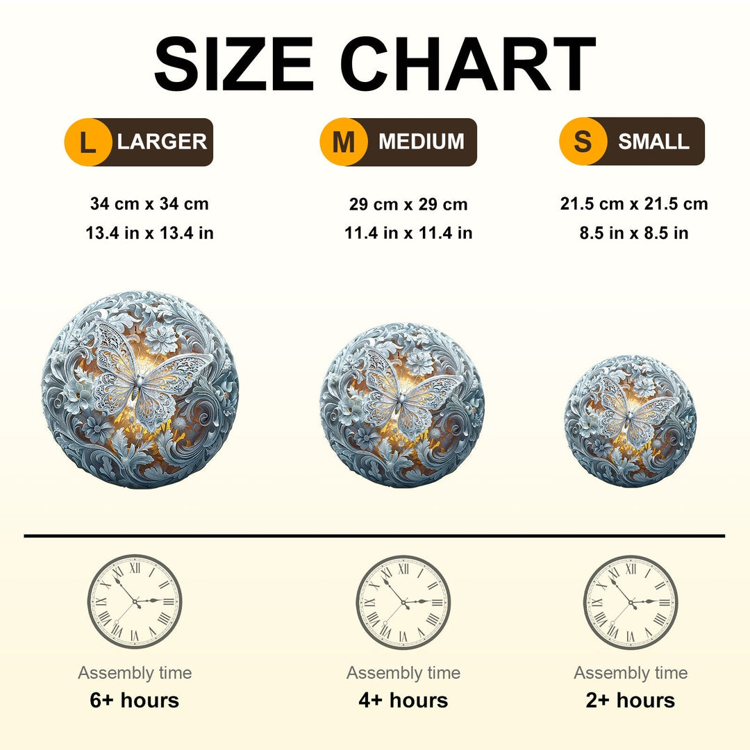Size chart for Celestial Wings Wooden Jigsaw Puzzle showing dimensions and assembly times for large, medium, and small sizes.