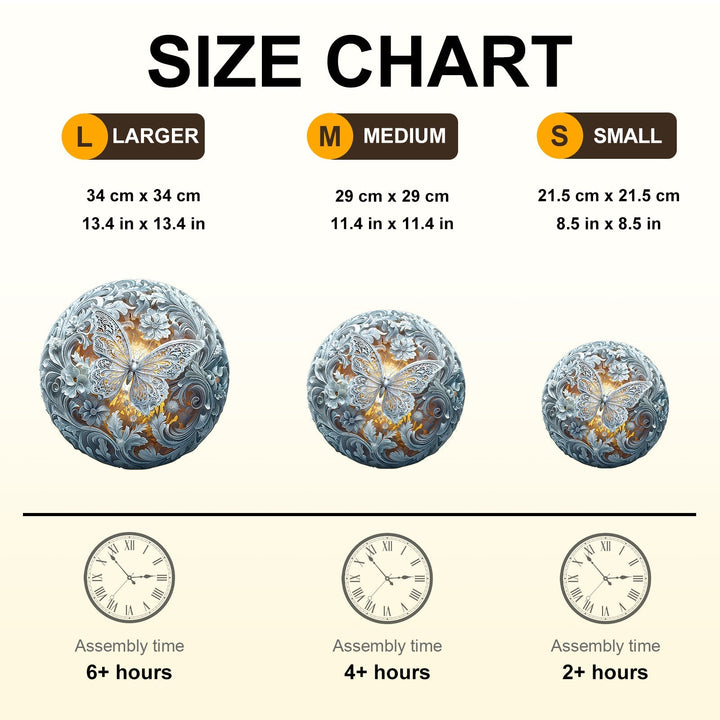 Size chart for Celestial Wings Wooden Jigsaw Puzzle showing dimensions and assembly times for large, medium, and small sizes.