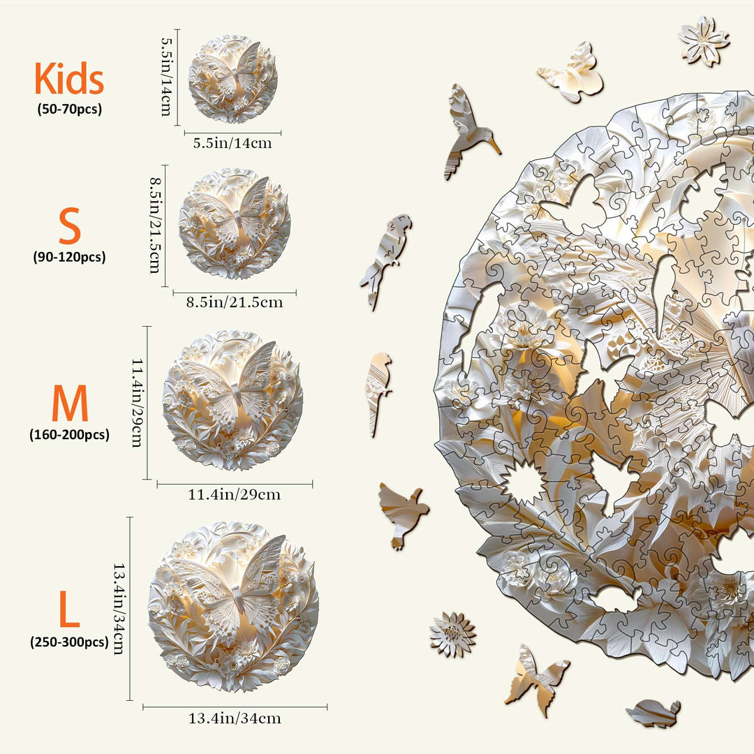 3D Paper Butterfly Wooden Jigsaw Puzzle sizes comparison for Kids, S, M, and L, showcasing difficulty and piece count.