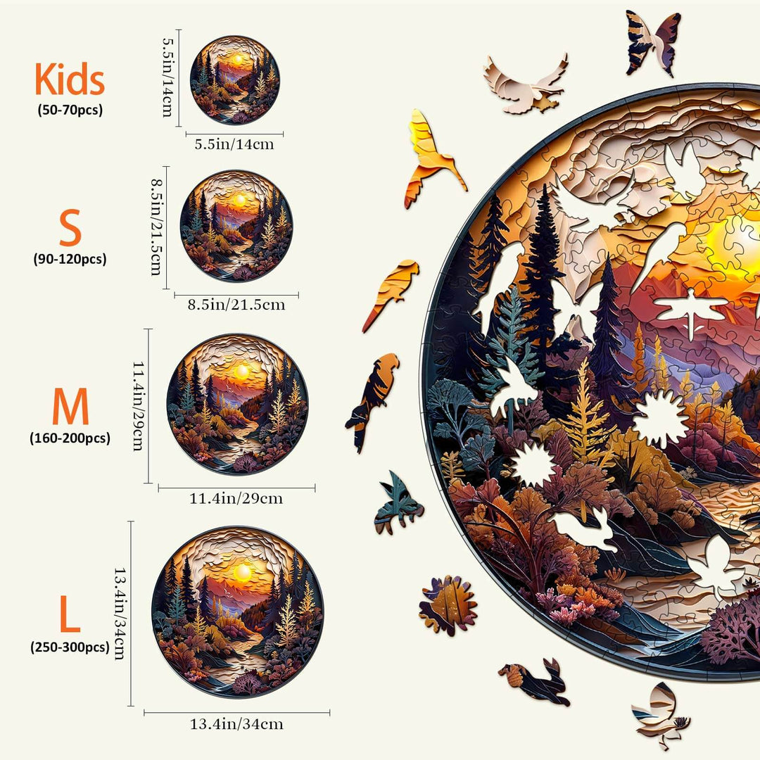 3D Sunset Forest Wooden Jigsaw Puzzle sizes with vibrant sunset and forest imagery, promoting focus and cognitive skills.