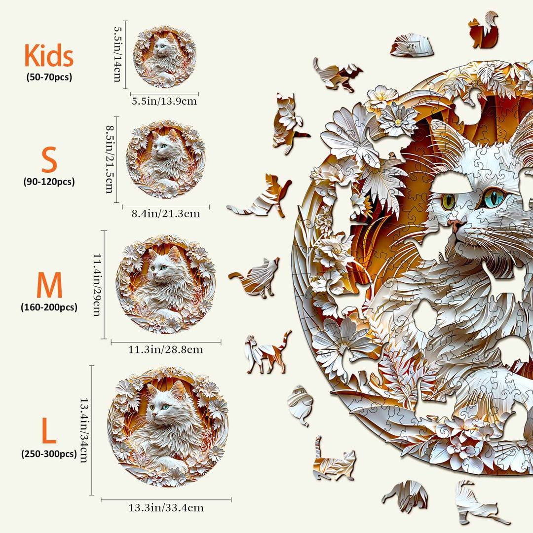 3D Cat-2 Wooden Jigsaw Puzzle sizes detailed: Kids, S, M, L, featuring a playful cat and floral design.