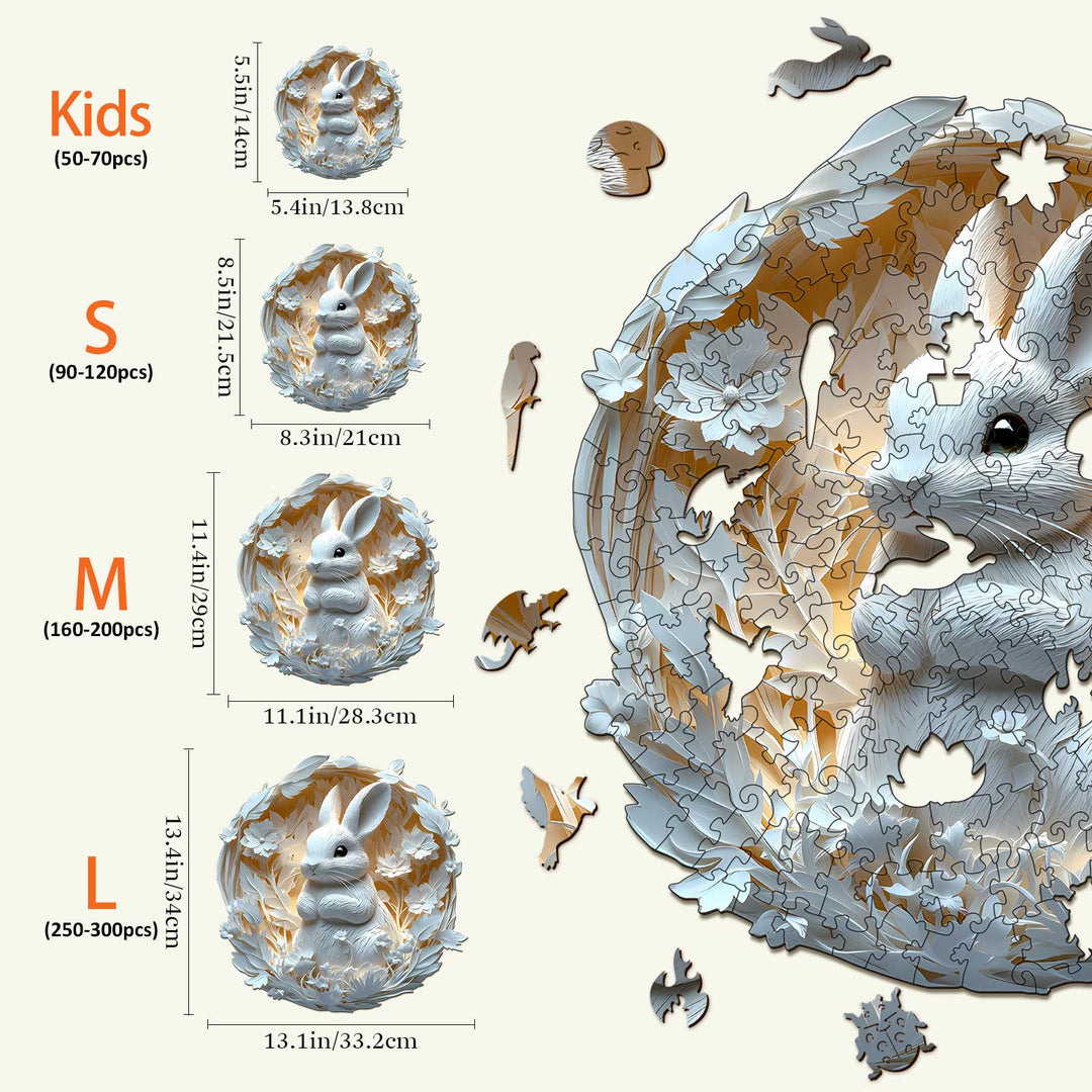 3D Paper Rabbit Wooden Jigsaw Puzzle sizes comparison, from Kids to L, showcasing piece counts and dimensions.