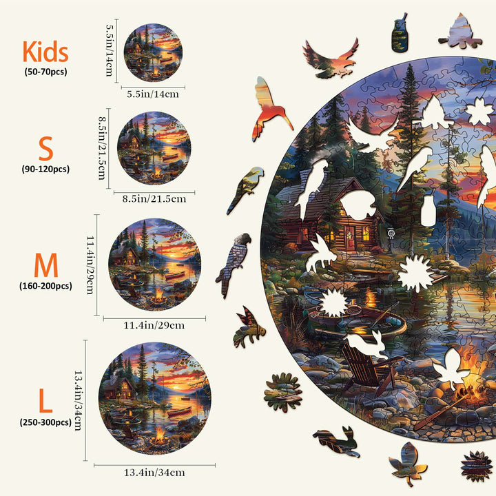 Canoe Lake-2 Wooden Jigsaw Puzzle sizes and piece counts for Kids, S, M, and L puzzles, enhancing focus and mental skills.
