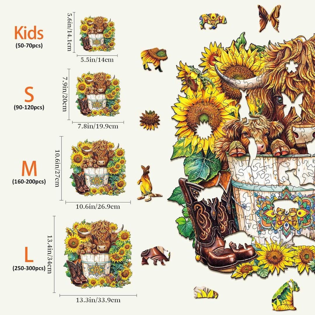 Colorful Sunflower Pasture Wooden Jigsaw Puzzle sizes S, M, L, showcasing beautiful sunflower designs and decorative pieces.