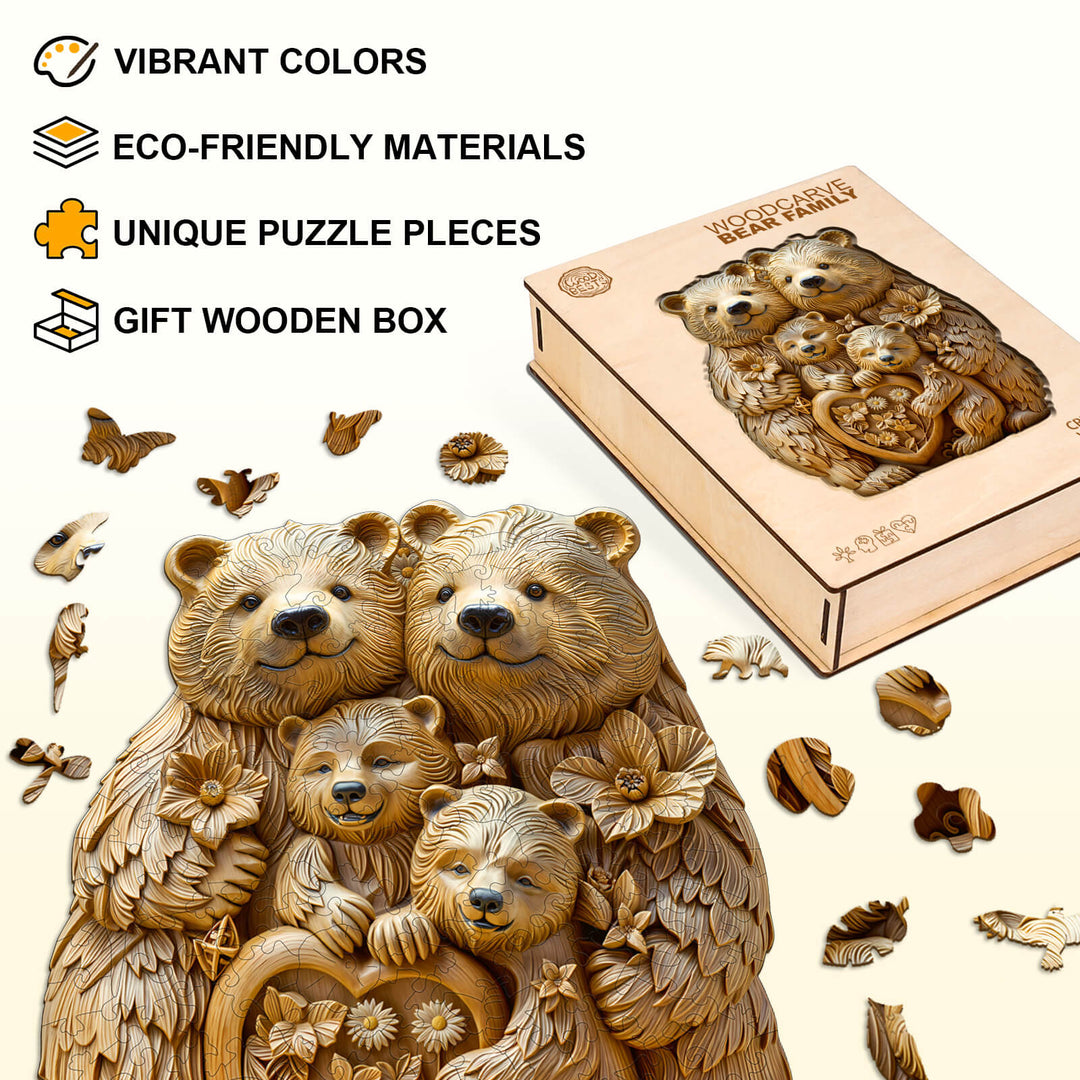 Woodcarve bear family wooden jigsaw puzzle with vibrant colors and eco-friendly materials in a gift wooden box.
