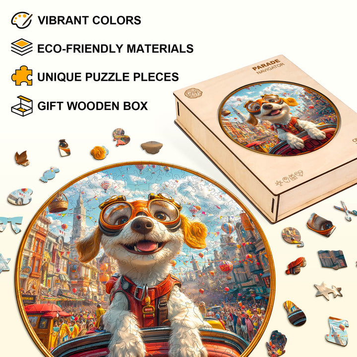 Parade Navigator Wooden Jigsaw Puzzle featuring a colorful dog design, eco-friendly materials, and a gift box.