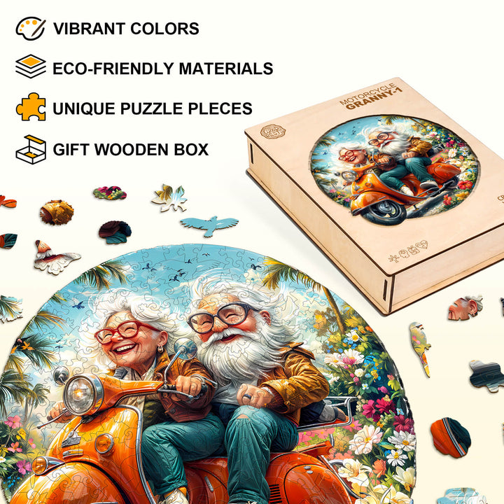 Motorcycle Granny-1 Wooden Jigsaw Puzzle