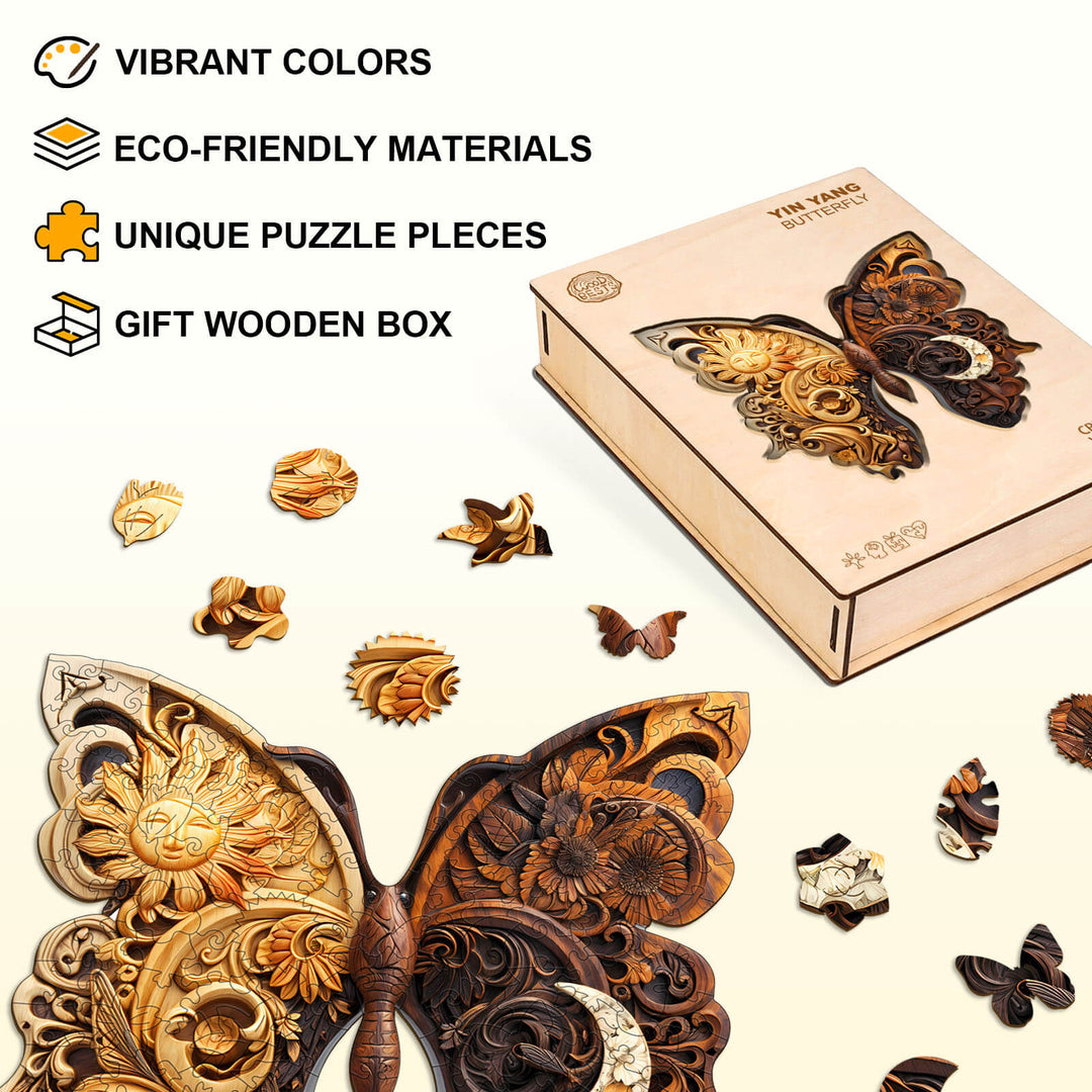 Yin Yang Butterfly Wooden Jigsaw Puzzle showcasing vibrant colors and eco-friendly materials, packed in a gift wooden box.