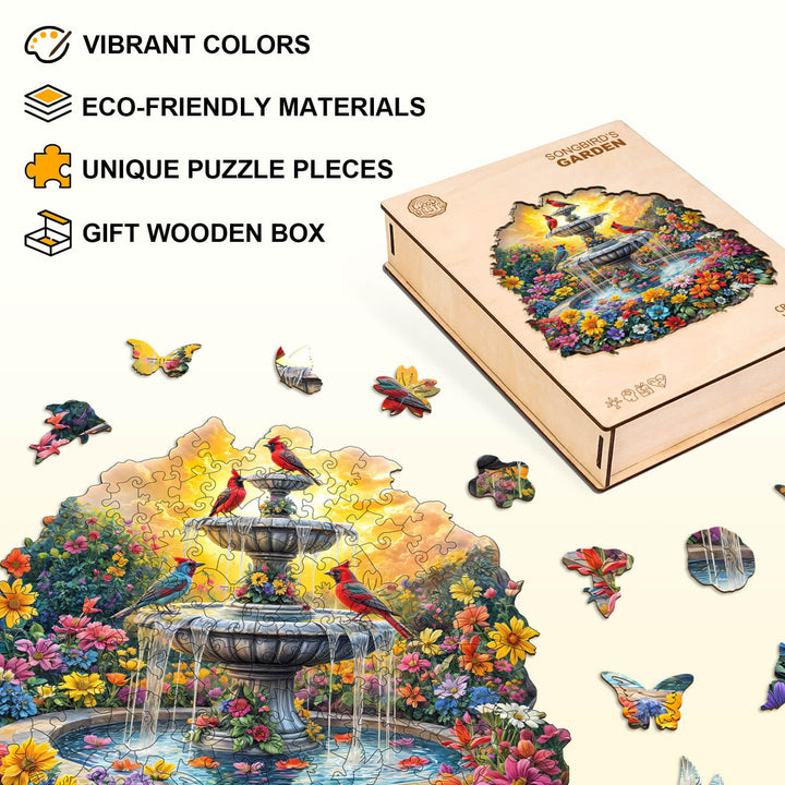 Songbird's Garden wooden jigsaw puzzle featuring vibrant colors, eco-friendly materials, unique pieces, and a gift box.
