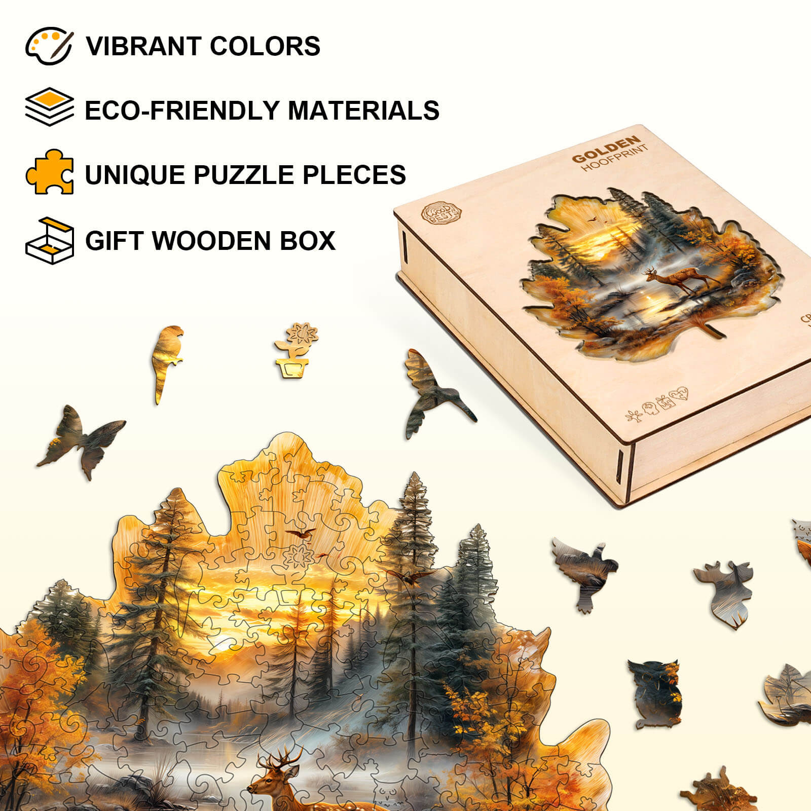 Golden Hoofprint wooden jigsaw puzzle with vibrant colors, eco-friendly materials, and unique puzzle pieces presented in a gift box.