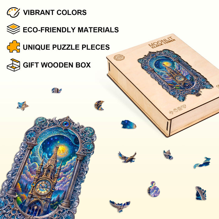 Mondbeschienener Uhrturm Holzpuzzle