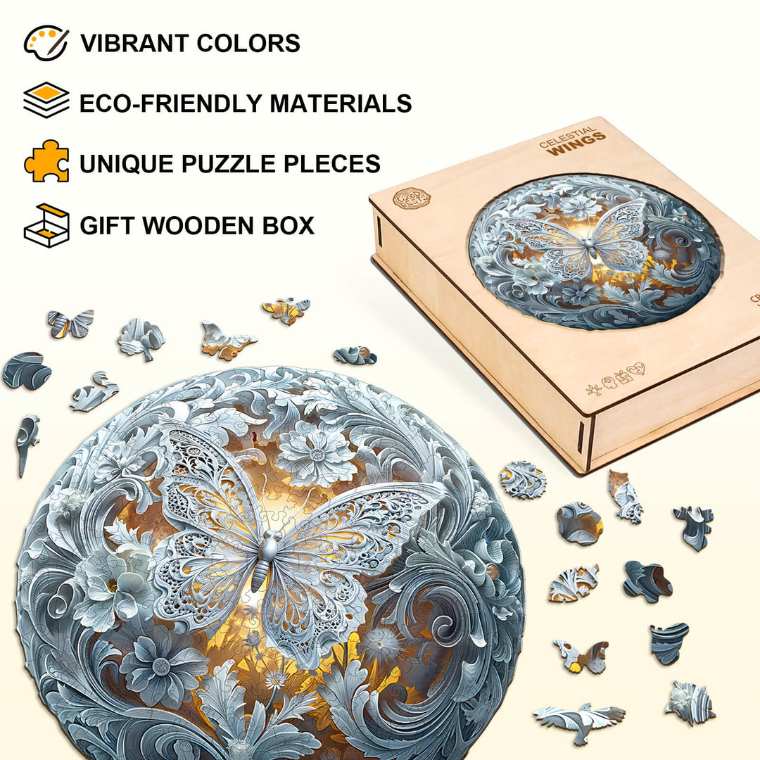Celestial Wings Wooden Jigsaw Puzzle with vibrant colors and eco-friendly materials in a gift wooden box.