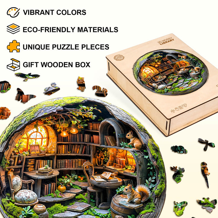 Moosbewachsene Bibliothek 3D-Holzpuzzle