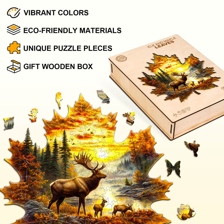 Elk and maple leaves Wooden Jigsaw Puzzle