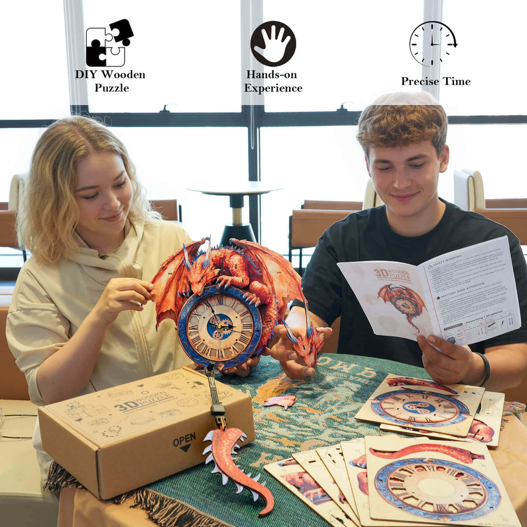 Flammendrache – 3D Holzuhr Puzzle Bastelset