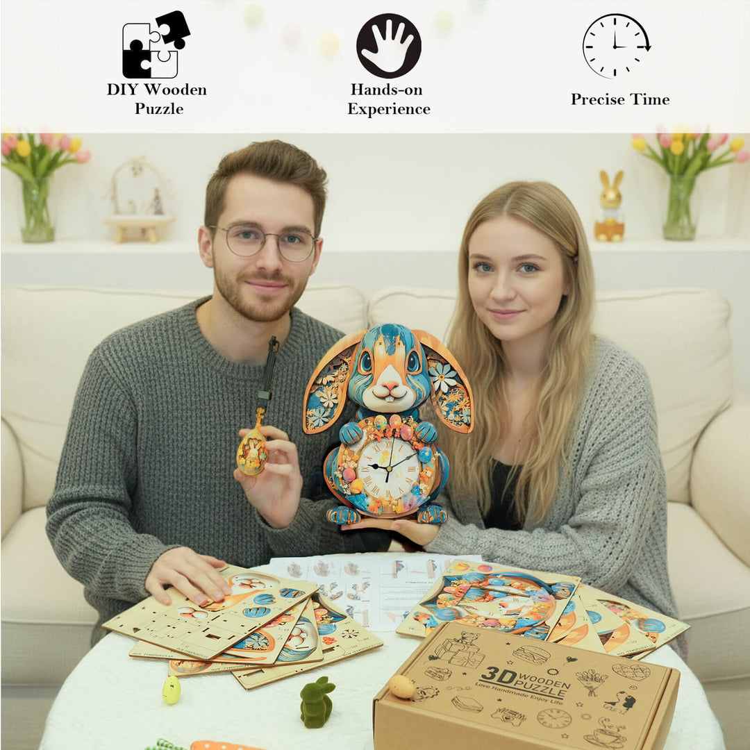 Kaninchen - 3D Holzuhr Puzzle Bastelset