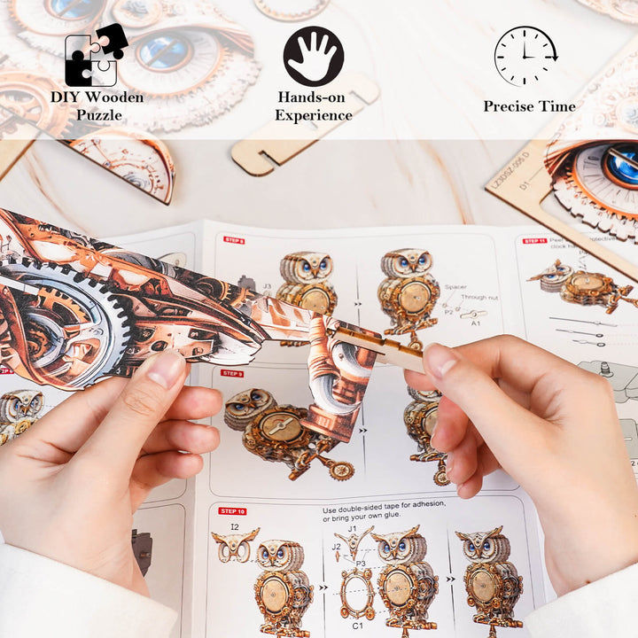 Mechanische Eule - 3D Holzuhr Puzzle Bastelset