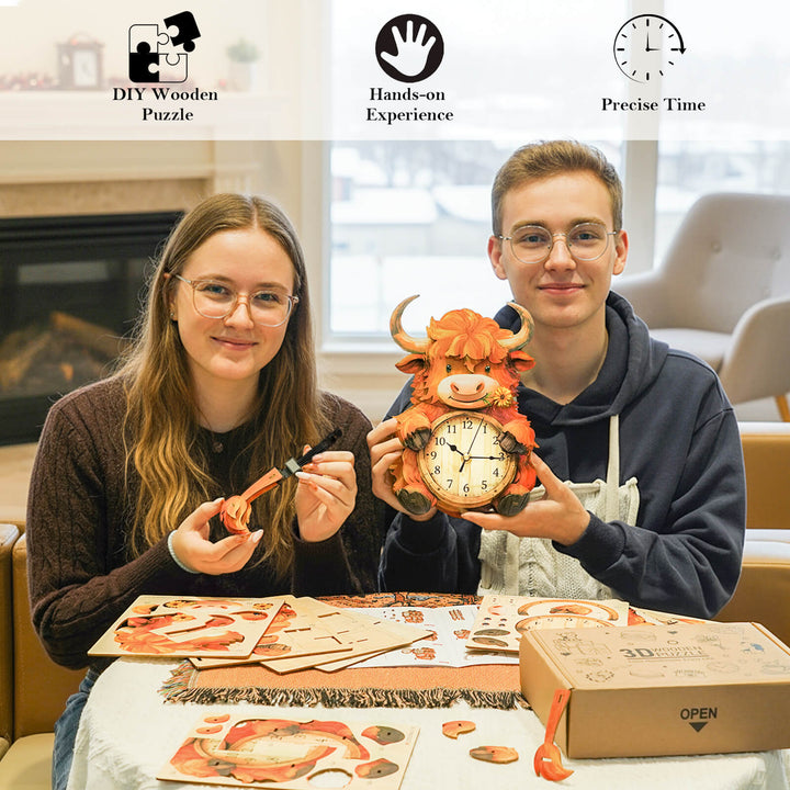 Hochlandrinder – 3D Holzuhr Puzzle Bastelset