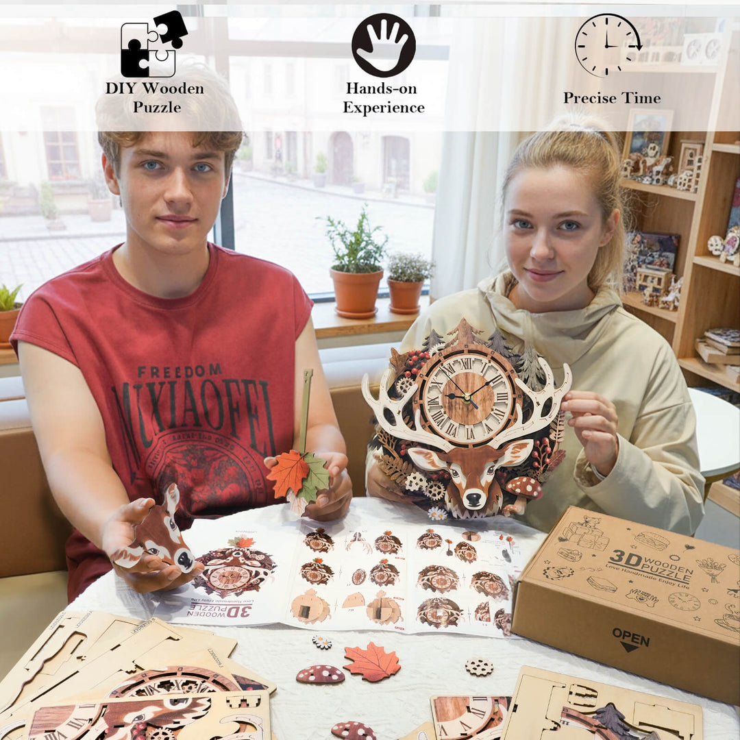 Rentier – 3D Holzuhr Puzzle Bastelset