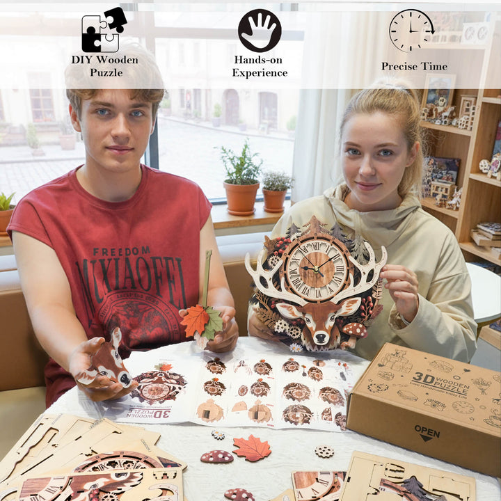 Rentier – 3D Holzuhr Puzzle Bastelset