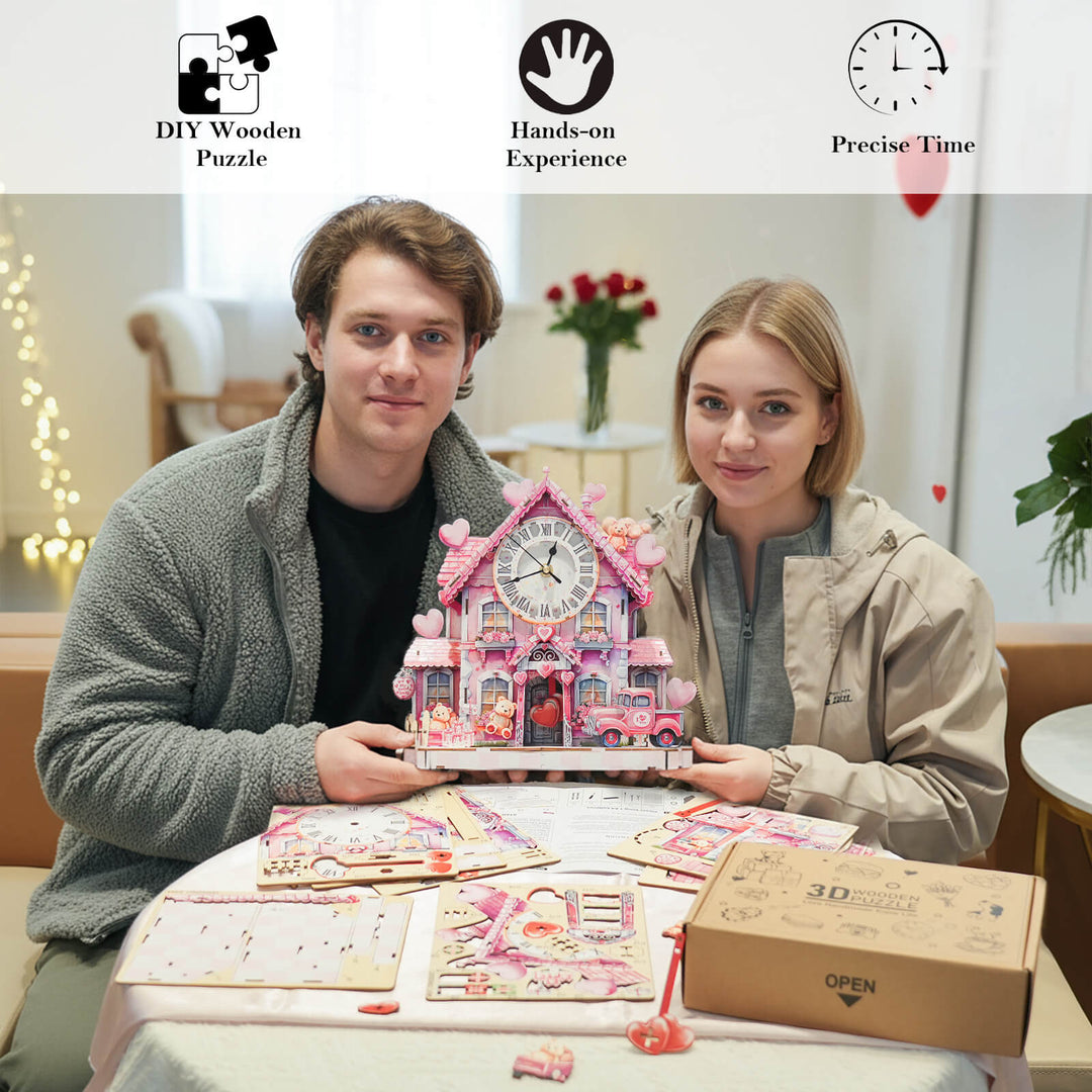 Sweetheart Cottage – 3D Holzuhr Puzzle Bastelset