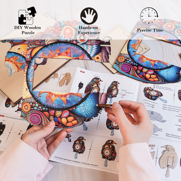 Eltern-Kind Pinguine - 3D Holzuhr Puzzle Bastelset