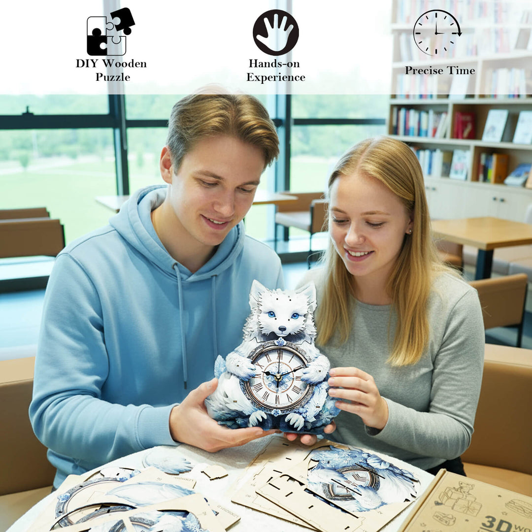 Polarfuchs – 3D Holzuhr Puzzle Bastelset