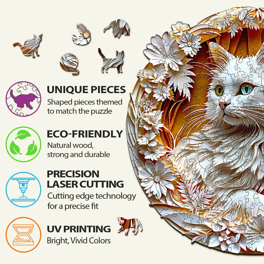 3D Cat-2 wooden jigsaw puzzle features unique eco-friendly pieces with precision laser cutting and vibrant UV printing.