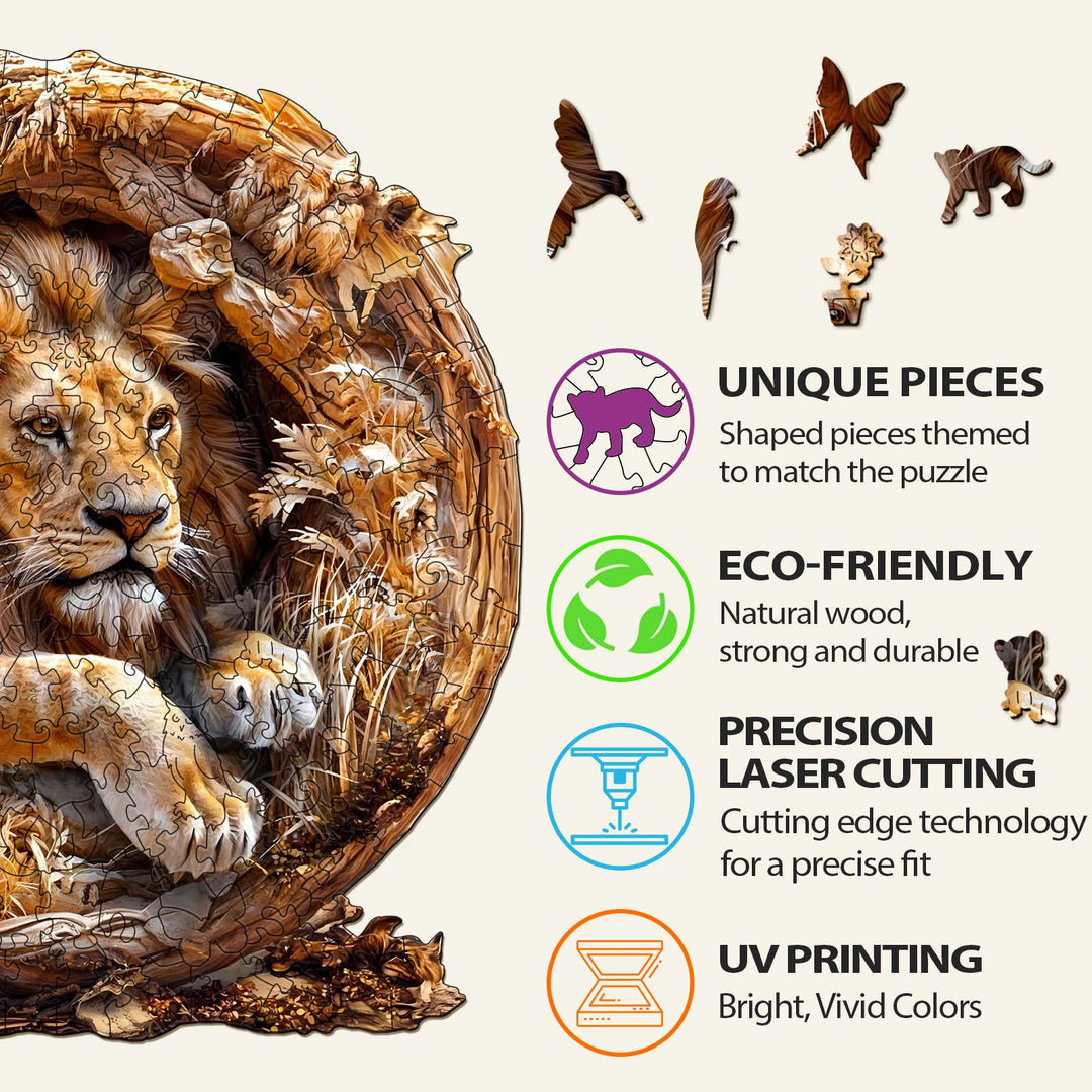 3D Lion wooden jigsaw puzzle features unique pieces, eco-friendly materials, precision laser cutting, and vibrant UV printing.