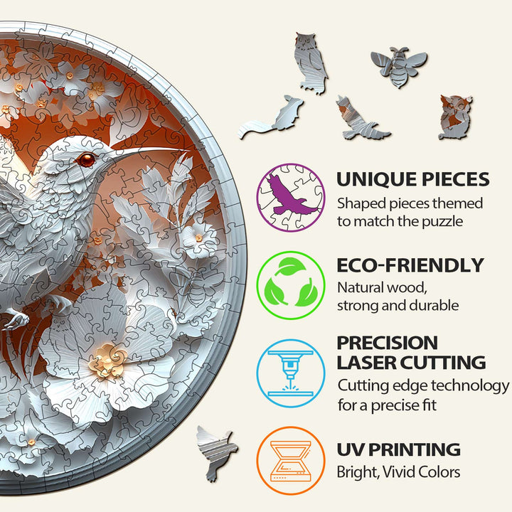 3D Paper Hummingbird Wooden Jigsaw Puzzle showcasing unique eco-friendly pieces with precision laser cutting and UV printing.