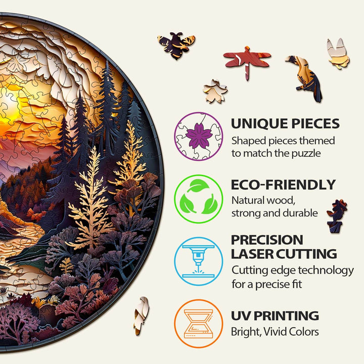 3D Sunset Forest Wooden Jigsaw Puzzle featuring unique eco-friendly pieces and precision laser cutting for vivid colors.